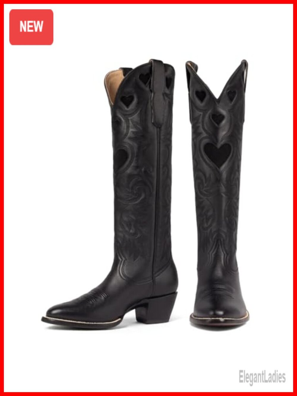 Women's Knee High Western Boots Heart Embroidered Round Toe Pull On